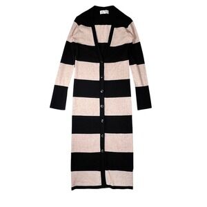 Longline Duster Cardigan Black Beige Stripe Button Front Knit Small‎